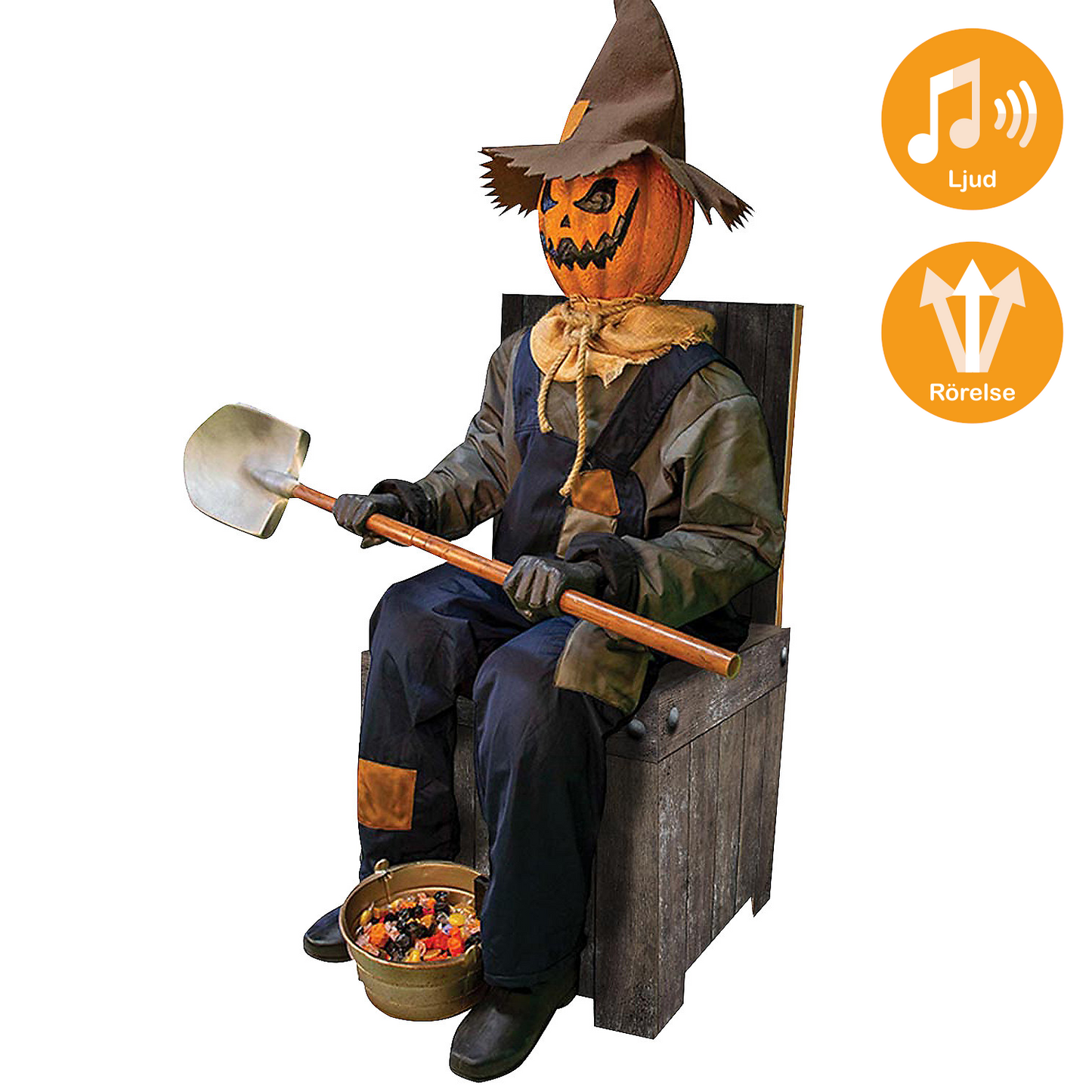 Animerade props, sittande fågelskrämma med spade 153 cm