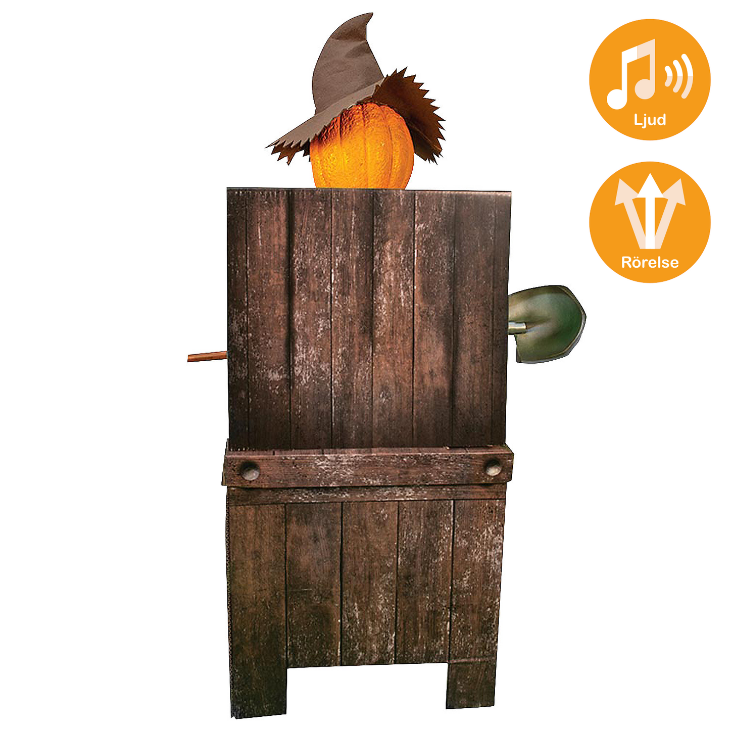 Animerade props, sittande fågelskrämma med spade 153 cm