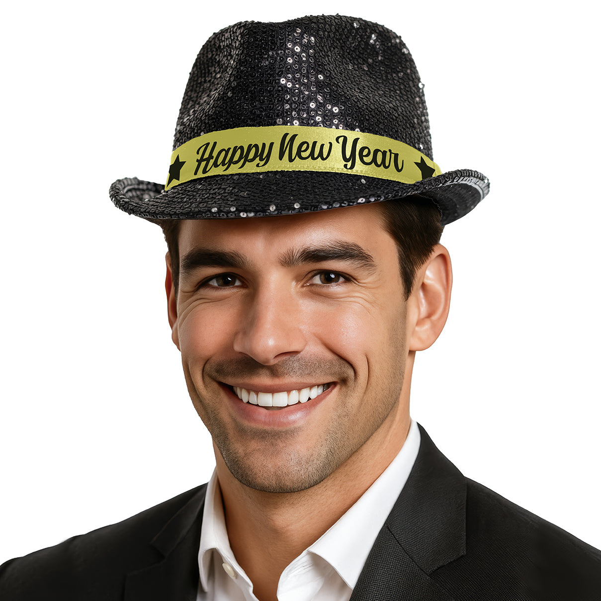 Glitterhatt, fedora svart happy new year