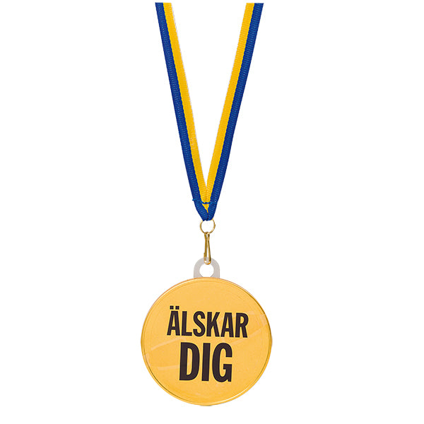 Chokladmedalj, blågult band "Älskar dig" 23 g