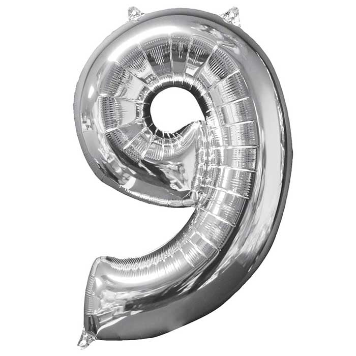 Folieballong, siffra 9 silver 66 cm