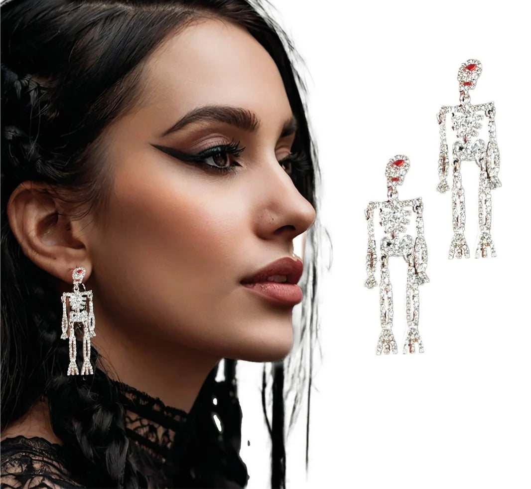 Halloweenörhängen, glittrande skelett silver