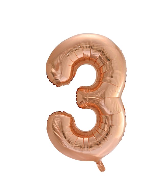 Folieballong, siffra 3 roséguld 86 cm