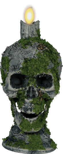 Dödskalle med ljus och mossa, 35 cm