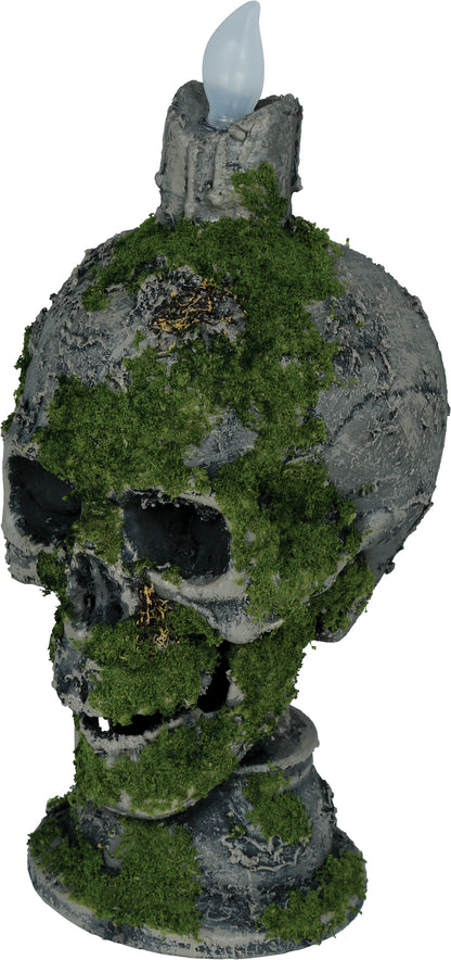 Dödskalle med ljus och mossa, 35 cm