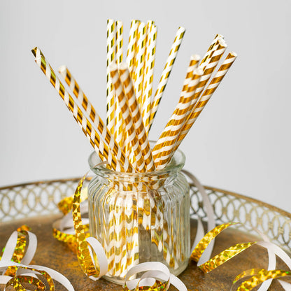 Papperssugrör, guld randig 20 st