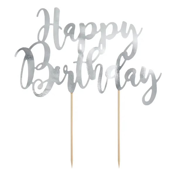 Cake toppers, happy birthday silver 22,5 cm