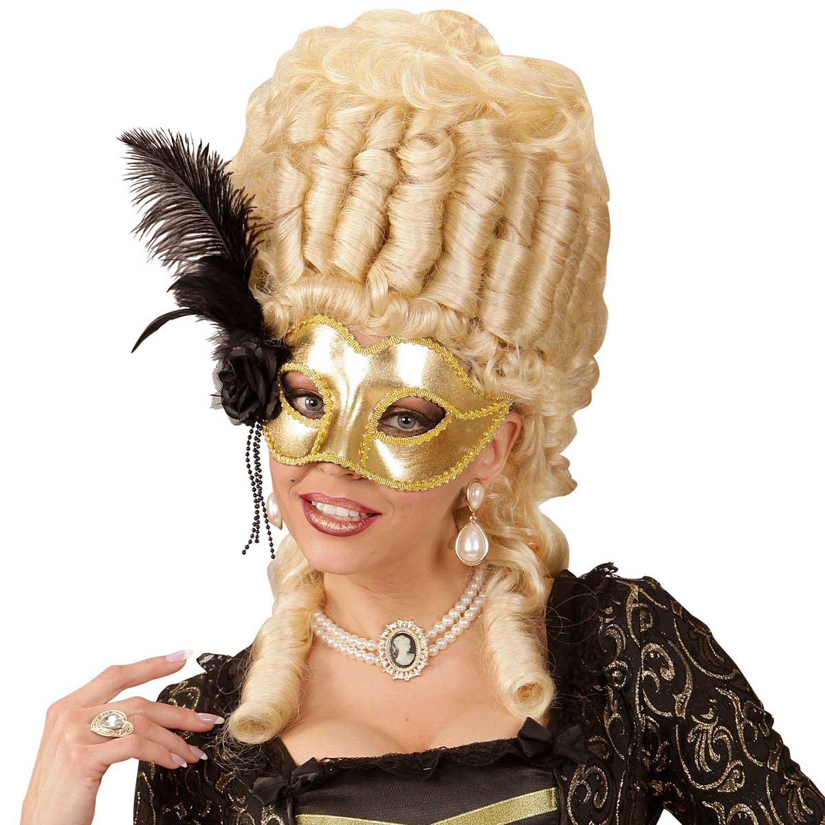 Ögonmask, gold venice med fjäder