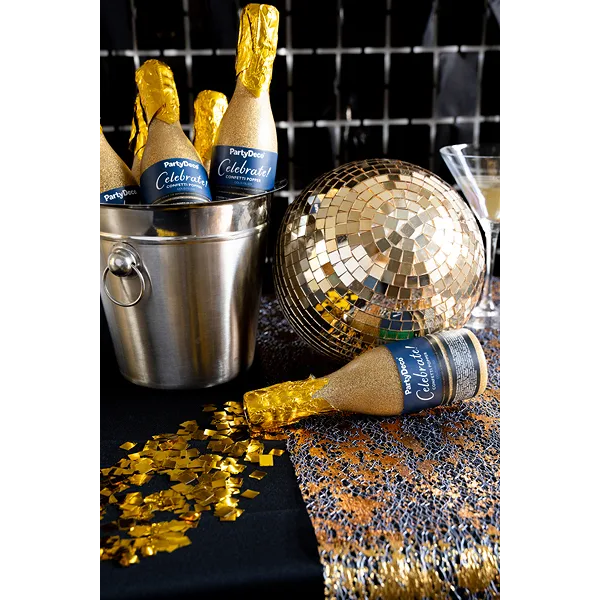 Konfettibomb, champagneflaska guld metallic 20,5 cm