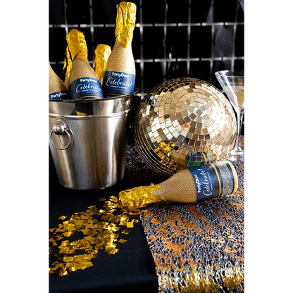 Konfettibomb, champagneflaska guld metallic 20,5 cm