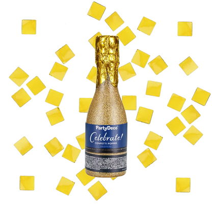 Konfettibomb, champagneflaska guld metallic 20,5 cm