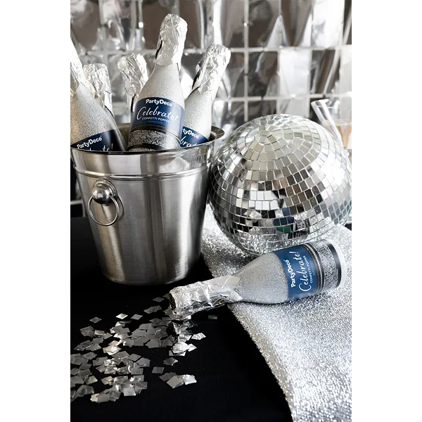 Konfettibomb, champagneflaska silver metallic 20,5 cm