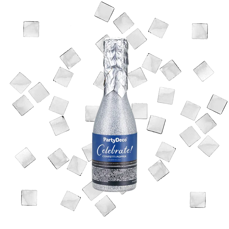 Konfettibomb, champagneflaska silver metallic 20,5 cm