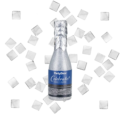 Konfettibomb, champagneflaska silver metallic 20,5 cm