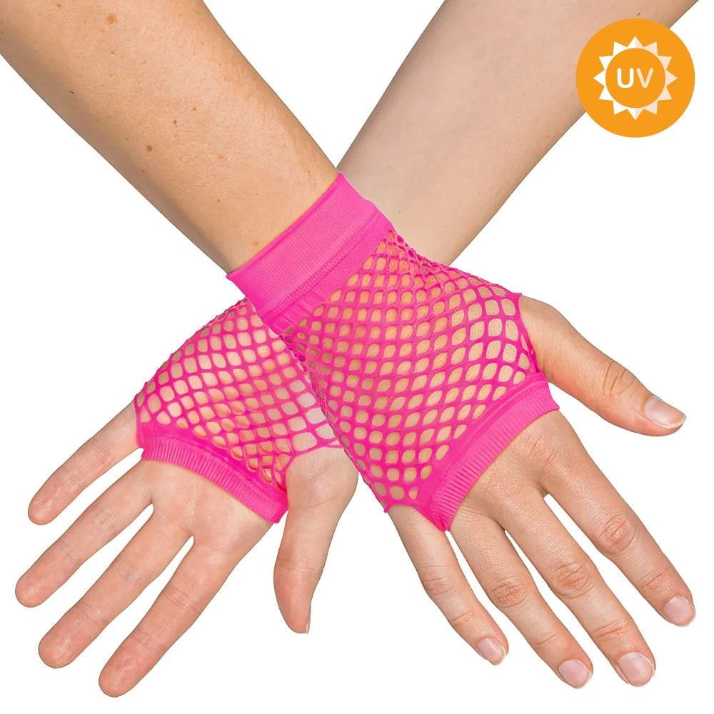 Näthandskar, neon rosa korta 80-tal