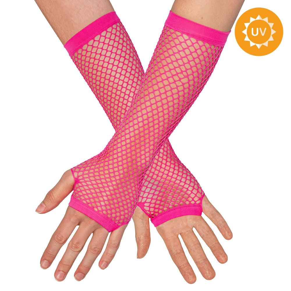 Näthandskar, neon rosa långa 80-tal
