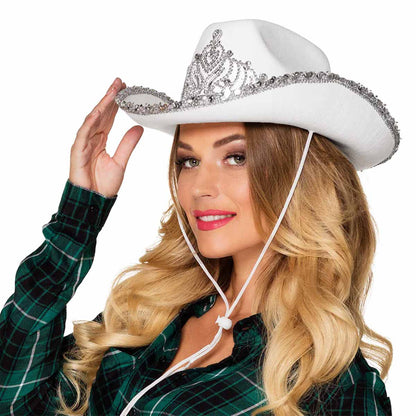 Cowboyhatt, tiara och glitter vit