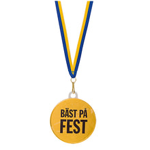Chokladmedalj, blågult band "Bäst på fest" 23 g