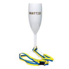 Champagneglas grattis med blå gult band, 24 cm
