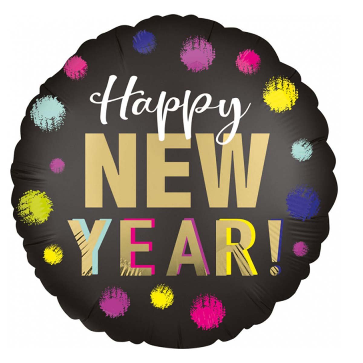 Folieballong, rund satin prickar happy new year 43 cm
