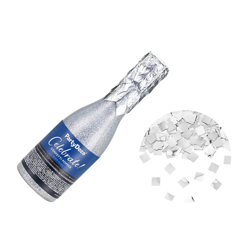 Konfettibomb, champagneflaska silver metallic 20,5 cm
