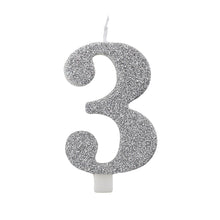Tårtljus, 3 silver glitter 9,5 cm
