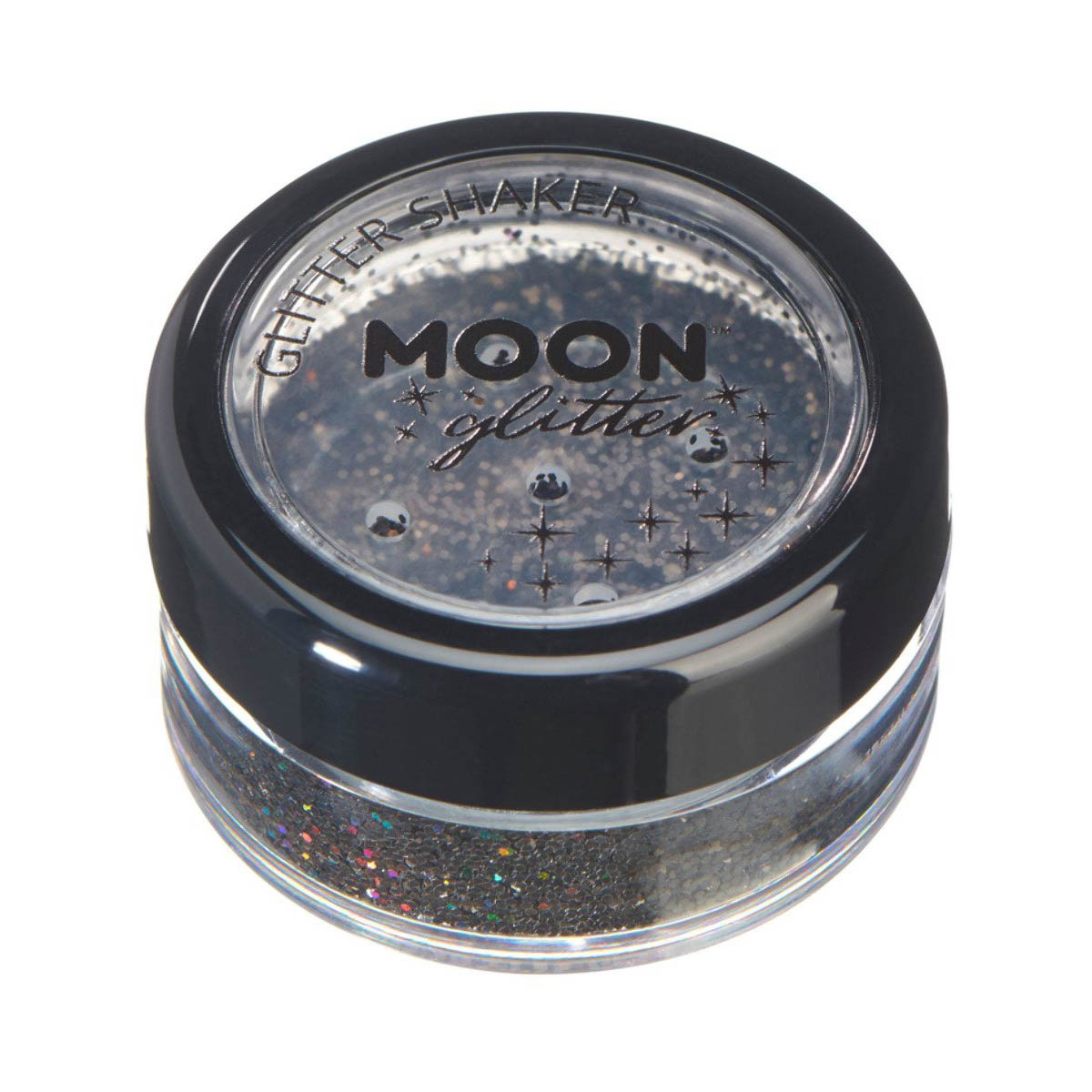 Läs mer om Moon glitter i shaker burk, holografisk 5g Svart