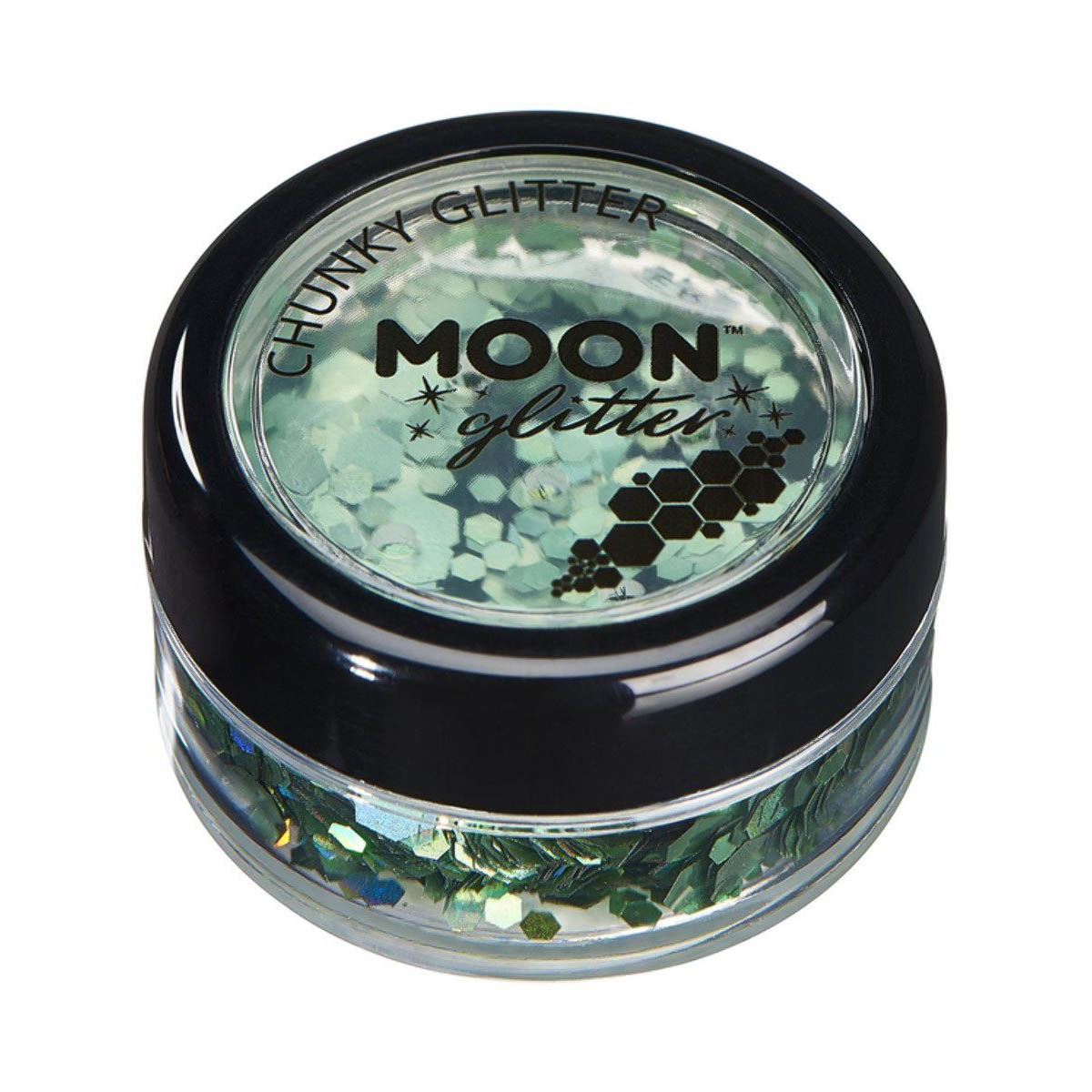 Läs mer om Moon glitter i burk, chunky holografisk 3g Grön