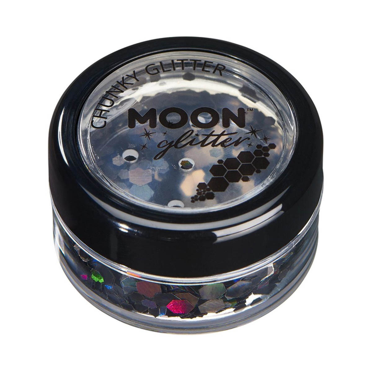 Läs mer om Moon glitter i burk, chunky holografisk 3g Svart