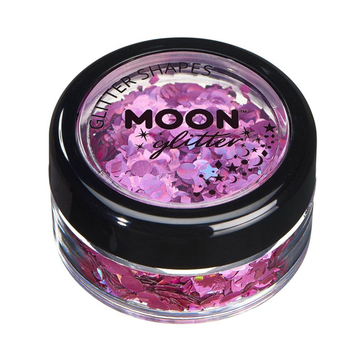 Läs mer om Moon glitter i burk, holografiska former 3g Rosa