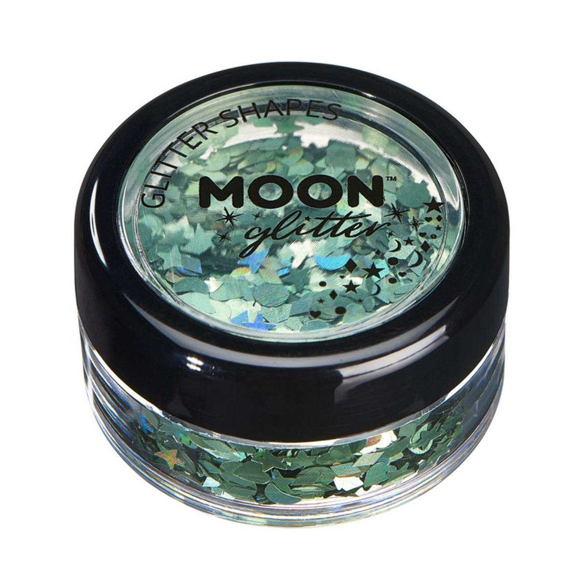 Läs mer om Moon glitter i burk, holografiska former 3g Grön