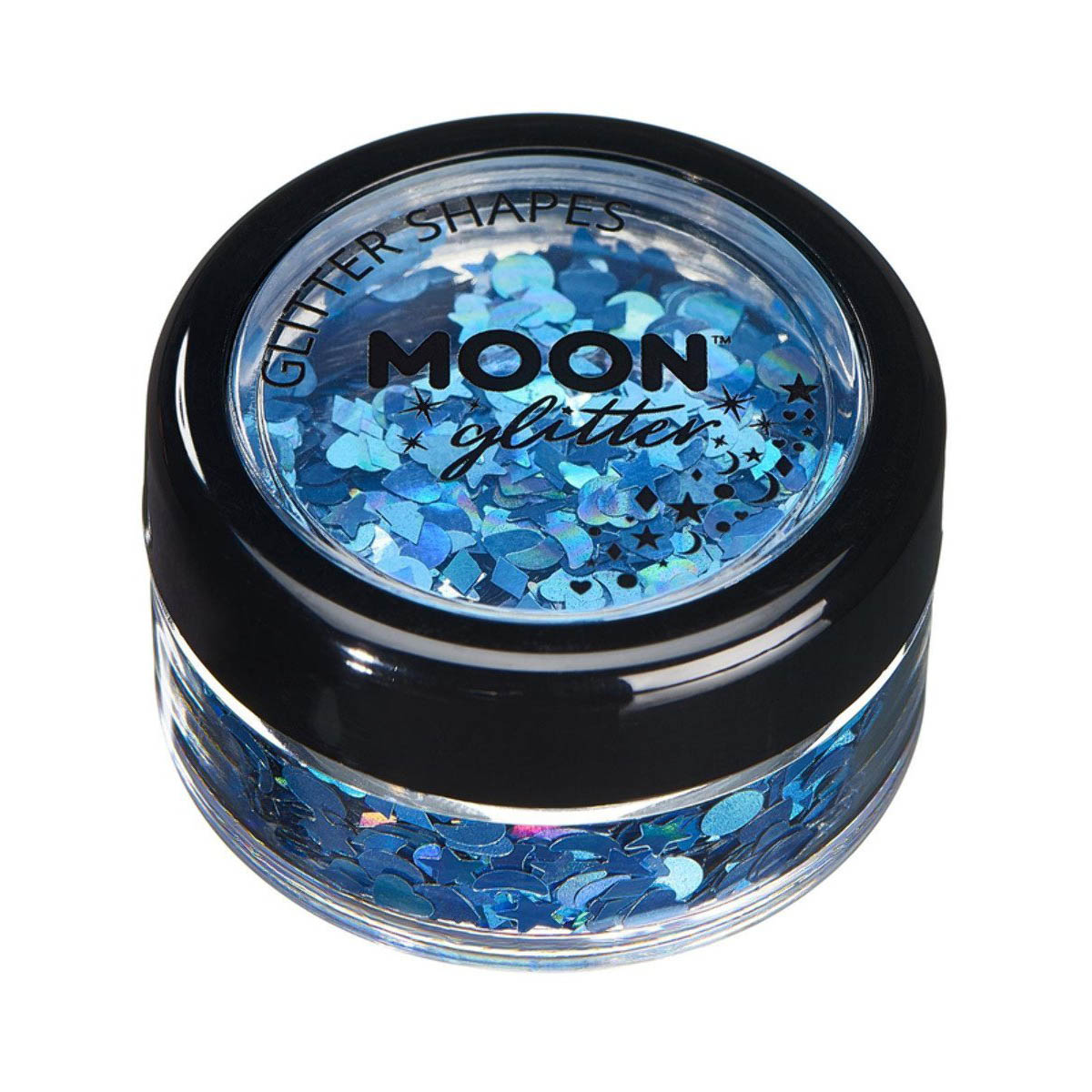 Läs mer om Moon glitter i burk, holografiska former 3g Blå