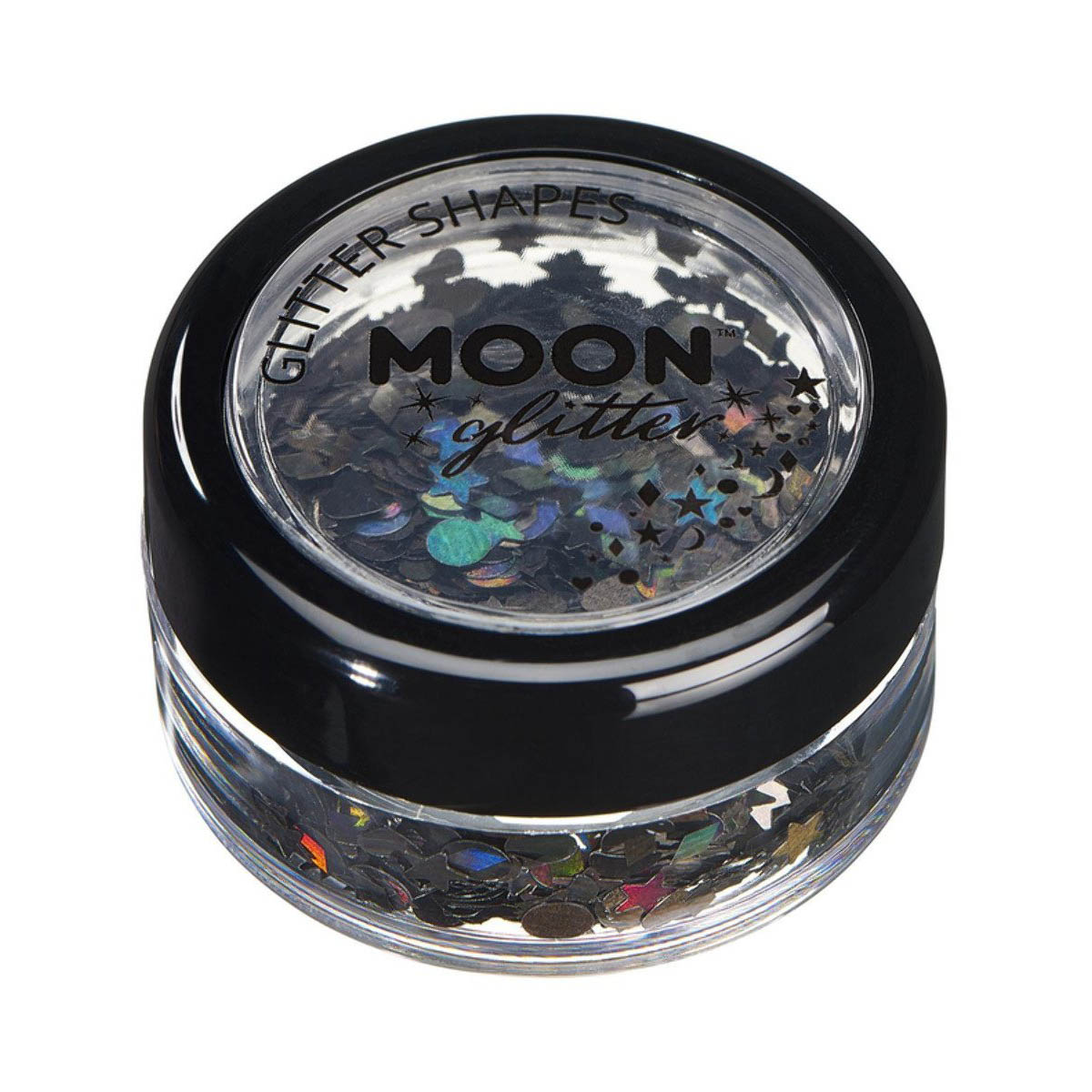 Läs mer om Moon glitter i burk, holografiska former 3g Svart