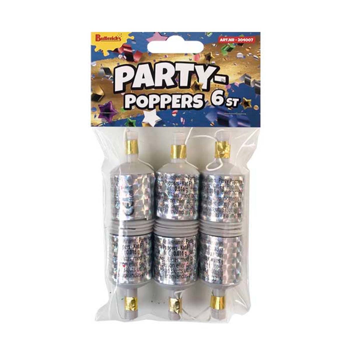 Partypoppers, silver 6 st