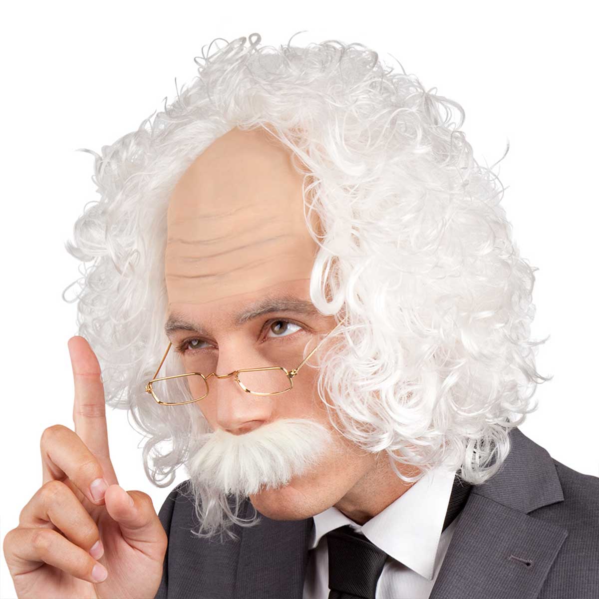 Peruk, professor med mustach och glasögon